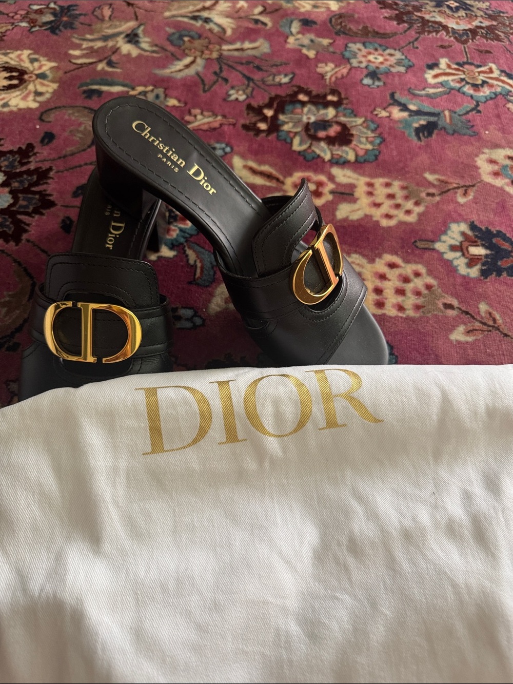 Dior Black Leather Mules with Gold CD Emblem - Picture 3 of 12